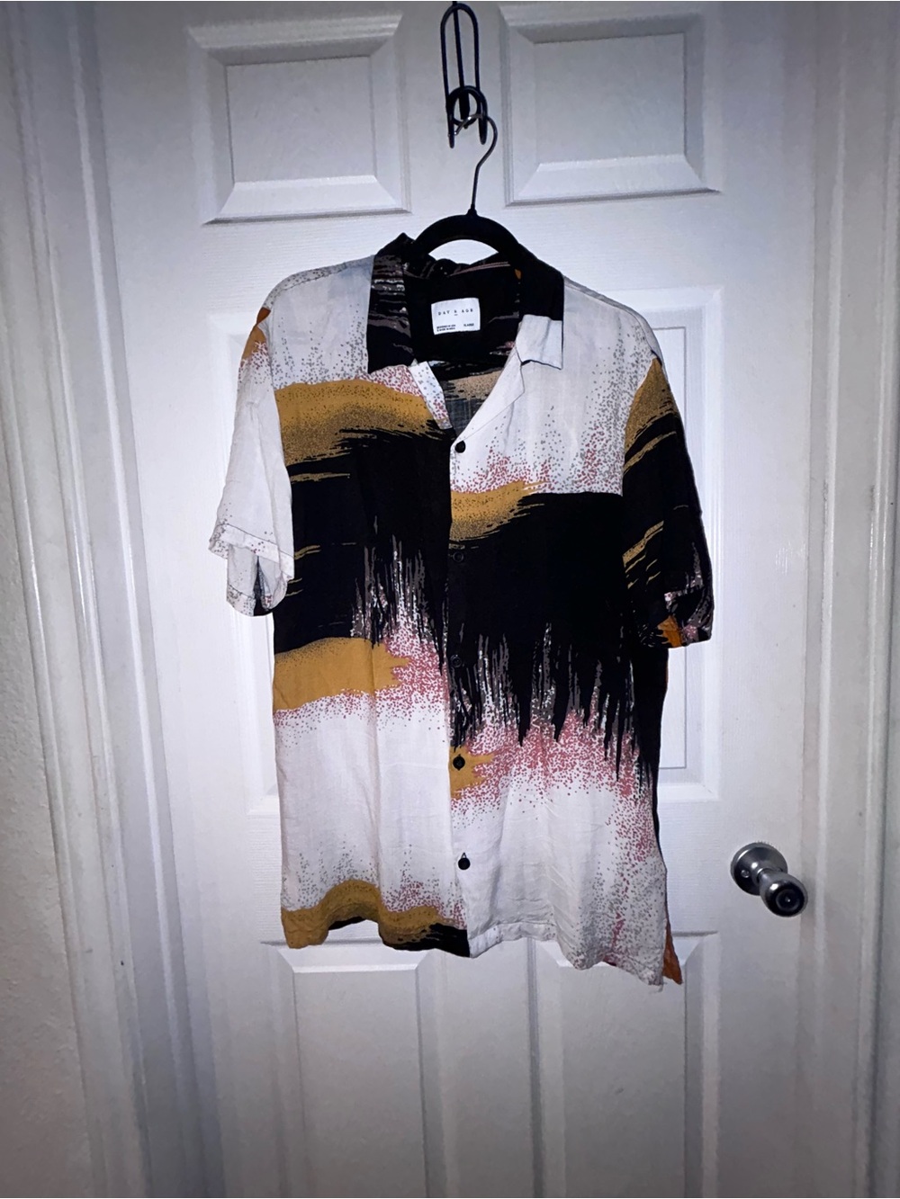 Abstract Stripe Short Sleeve Button-Up Shirt in Black, Mustard, White